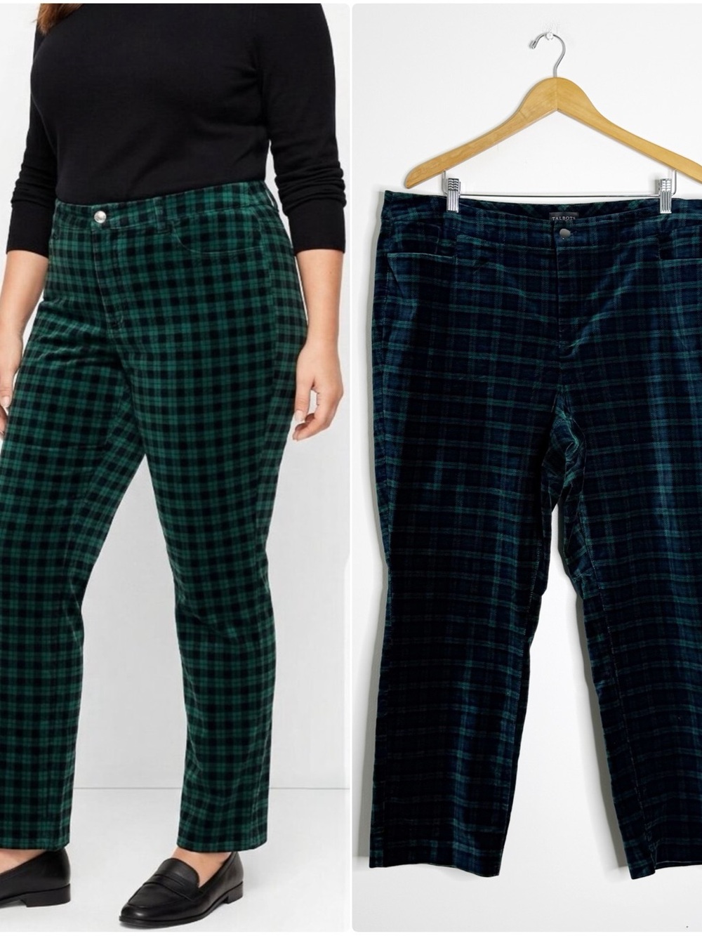 Talbots Straight Leg Velveteen Pants 18WP Navy Green Plaid Velvet